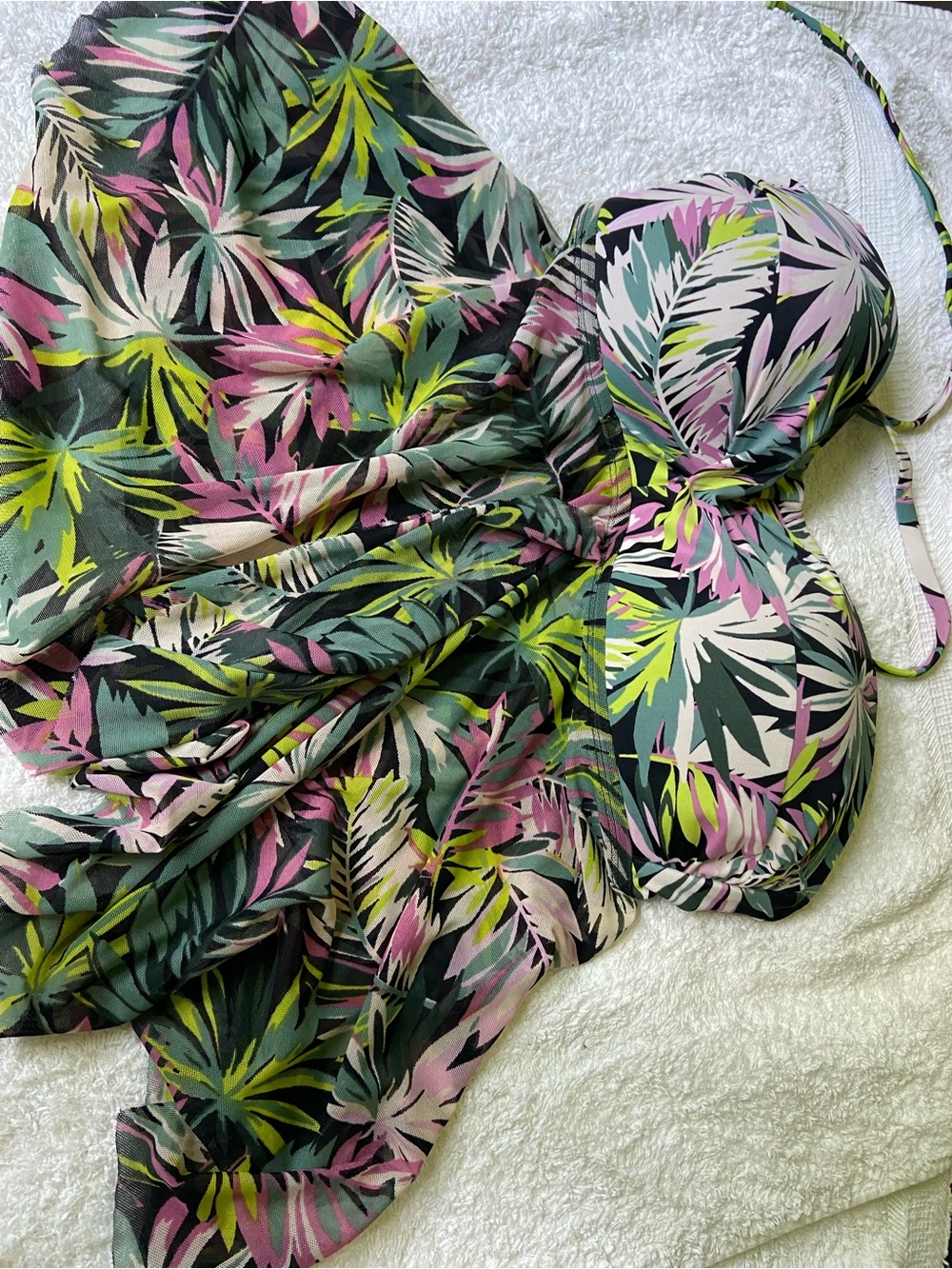 Tropical Leaf Bandeau Swim Dress in Pink, Green, Black stretches to 32-34 chest